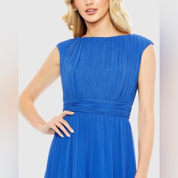Mac Duggal 55863 NWT Blue Pleated Bateau Cap Sleeve A Line Gown - Picture 2 of 6